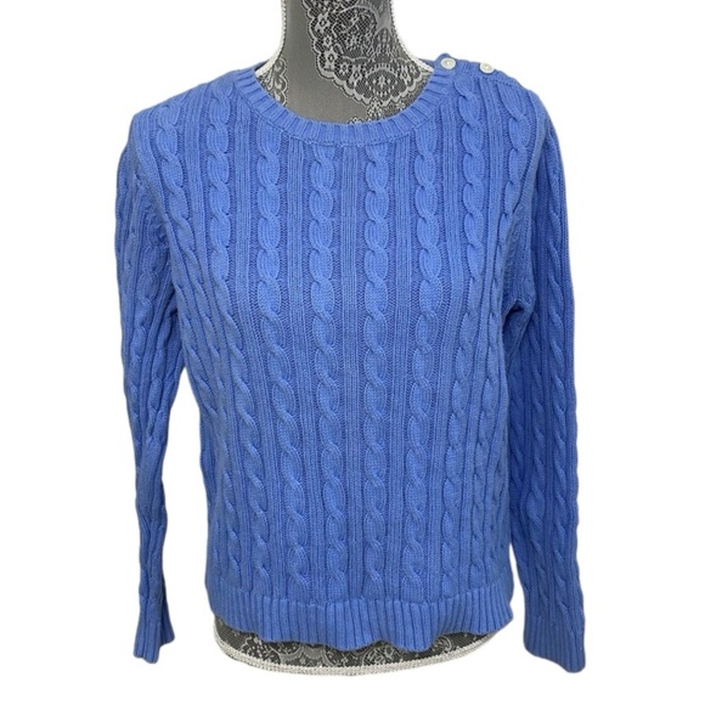 Lands’ End women’s Size Large Petite blue cotton Crewneck Pullover knit Sweater.
